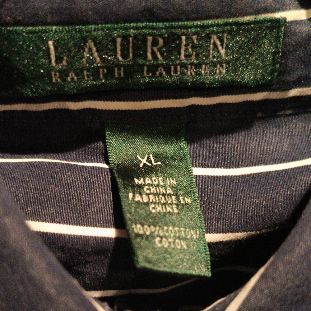 FINAL PRICE Lauren Ralph Lauren Navy Blue Blouse w White Stripes/Ruffles XL
